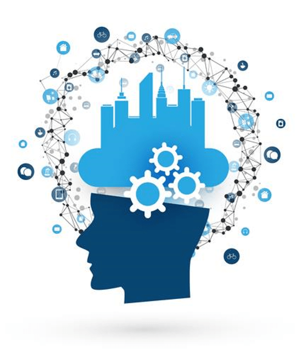 Stock image of an open human head with gears and a city for a brain.