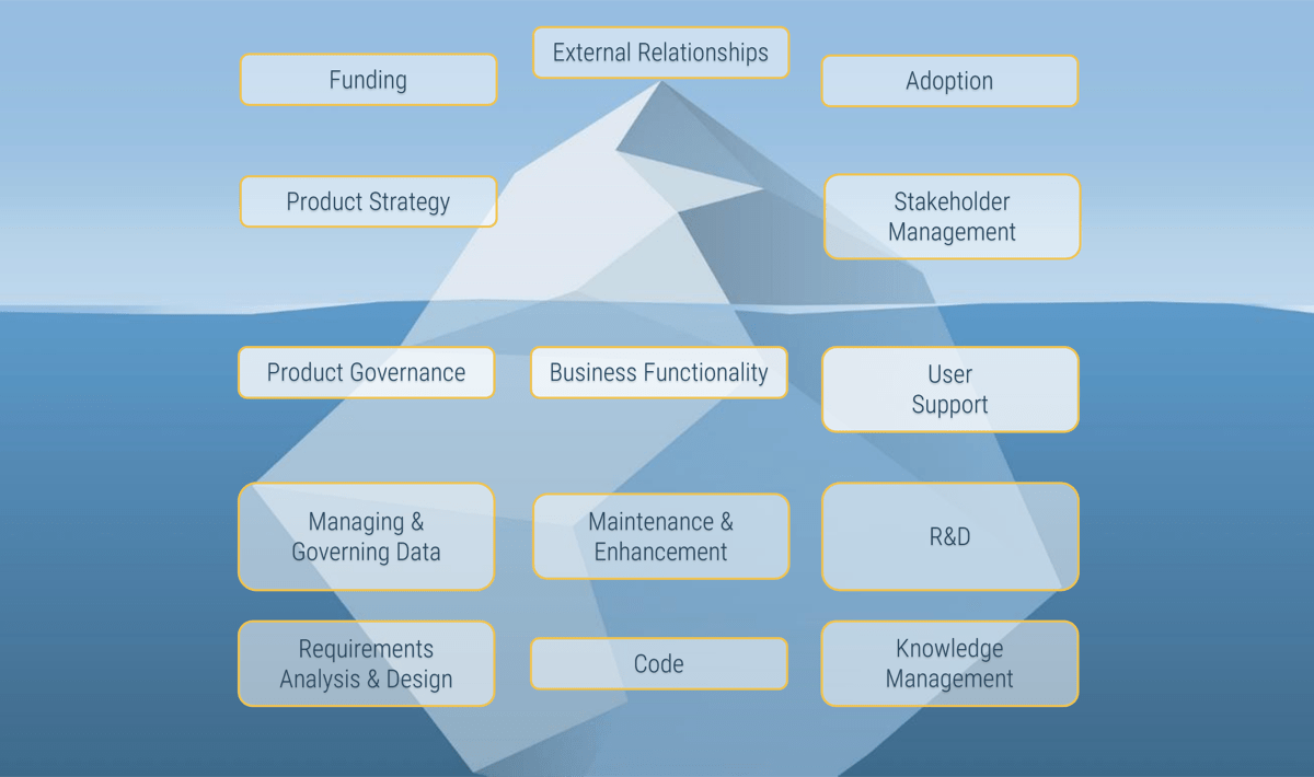 Cross-section of an iceberg above and below water with visible product delivery practices like 'Funding', 'External Relationships', and 'Stakeholder Management' above water and internal product delivery practices like 'Product Governance', 'Business Functionality', and 'R&D' under water. There are far more processes below the water.