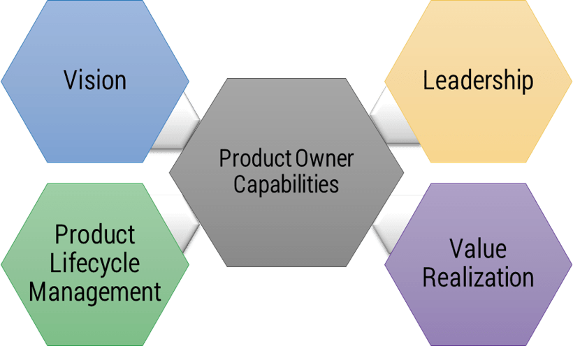 'Product Owner Capabilities': 'Vision', 'Leadership', 'Product Lifecycle Management', 'Value Realization'.