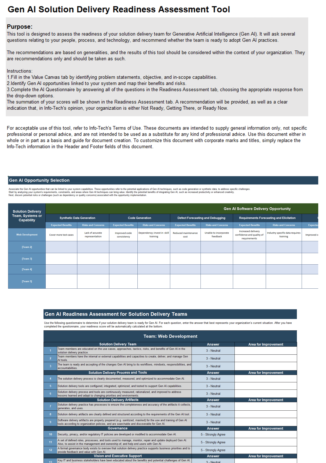 This is a series of three screenshots from the Gen AI Solution Delivery Readiness Assessment Tool