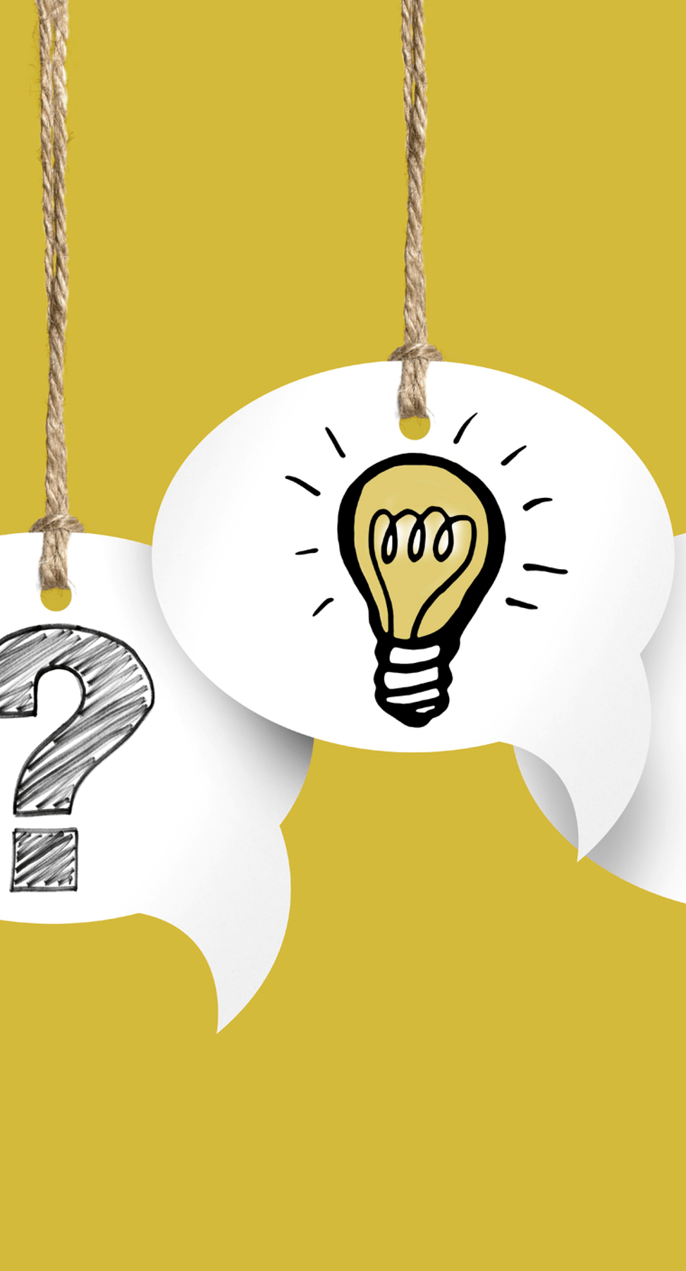 Stock image of speech bubbles hanging on string with a question mark and lightbulb drawn on them.