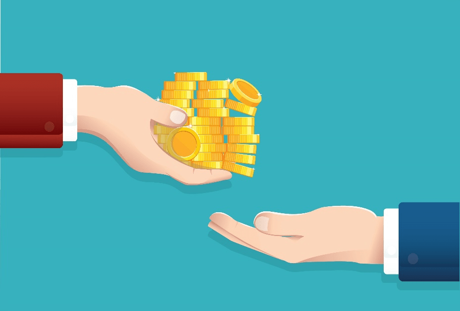 Stock image of two suited hands exchanging coins.