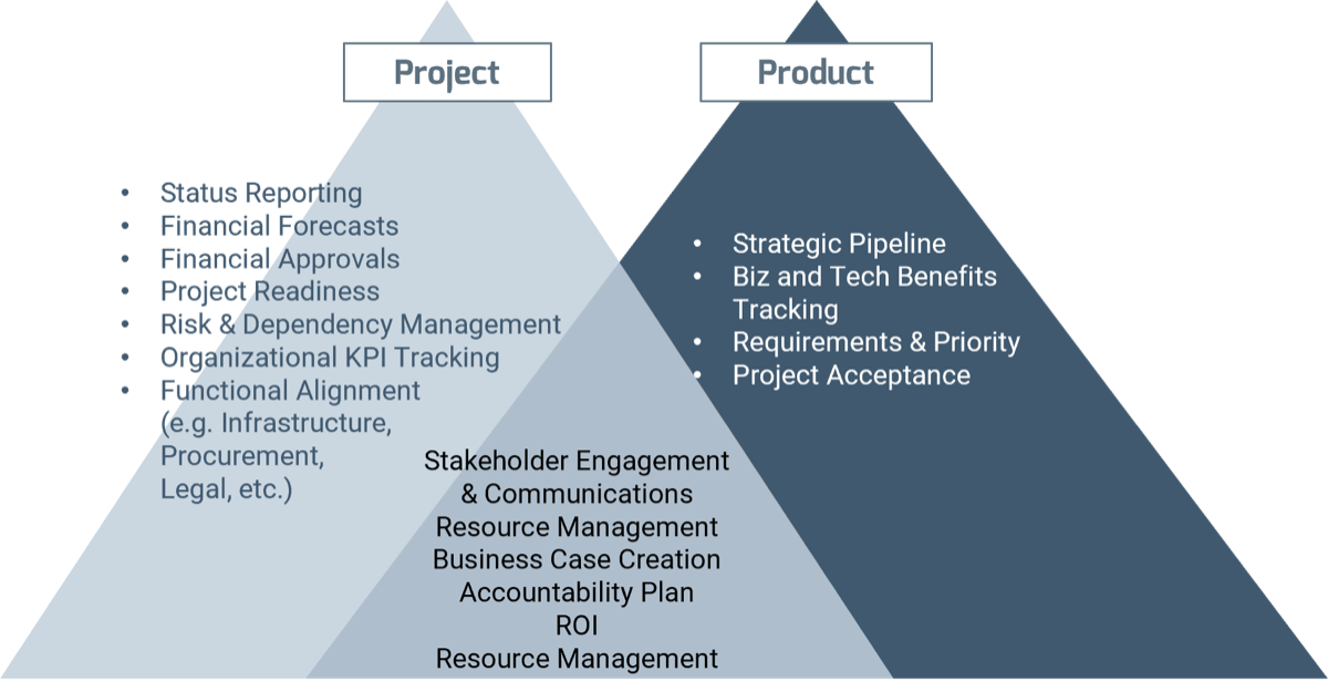 Example of a company where practices fall equally into 'Project' and 'Product' categories, with some being shared by both.