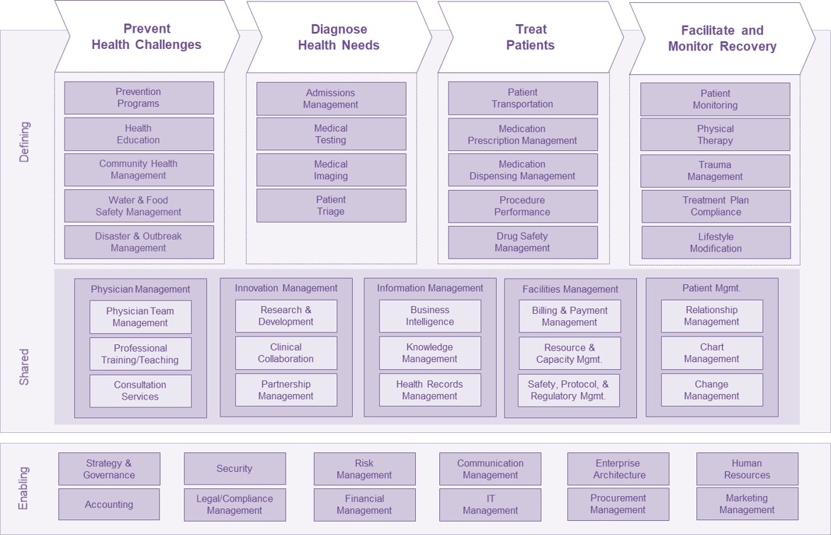 A sample business architecture/capability map for healthcare is shown.