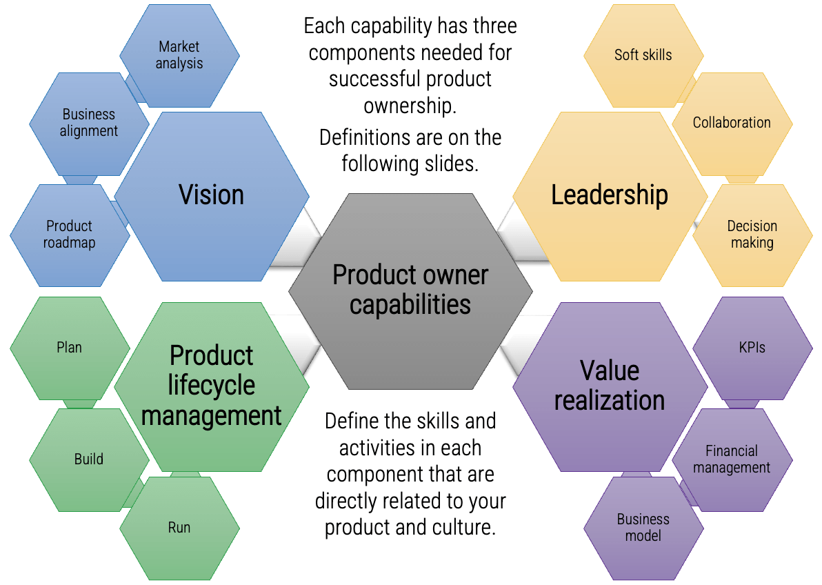 Each capability: Vision, Product lifecycle management, Value realization and Leadership has 3 components needed for successful product ownership.