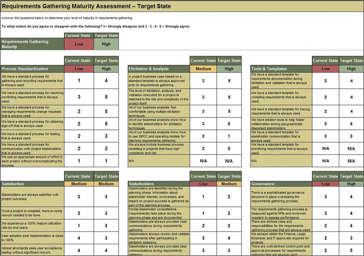 The Requirements Gathering Maturity Assessment - Target State, with example data inputted.