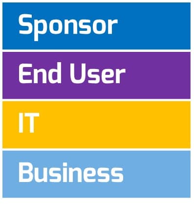 The image contains an example of a colour scheme. Sponsor is coloured blue, End user is purple, IT is yellow, and Business is light blue.