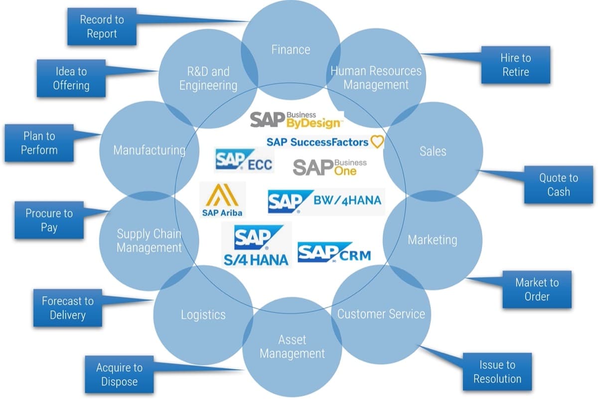 The image contains a diagram of the SAP enterprise resource planning. The diagram includes a circle with smaller circles all around it. The inside of the circle contains SAP logos. The circles around the big circle are labelled: Human Resources Management, Sales, Marketing, Customer Service, Asset Management, Logistics, Supply Chain Management, Manufacturing, R&D and Engineering, and Finance.