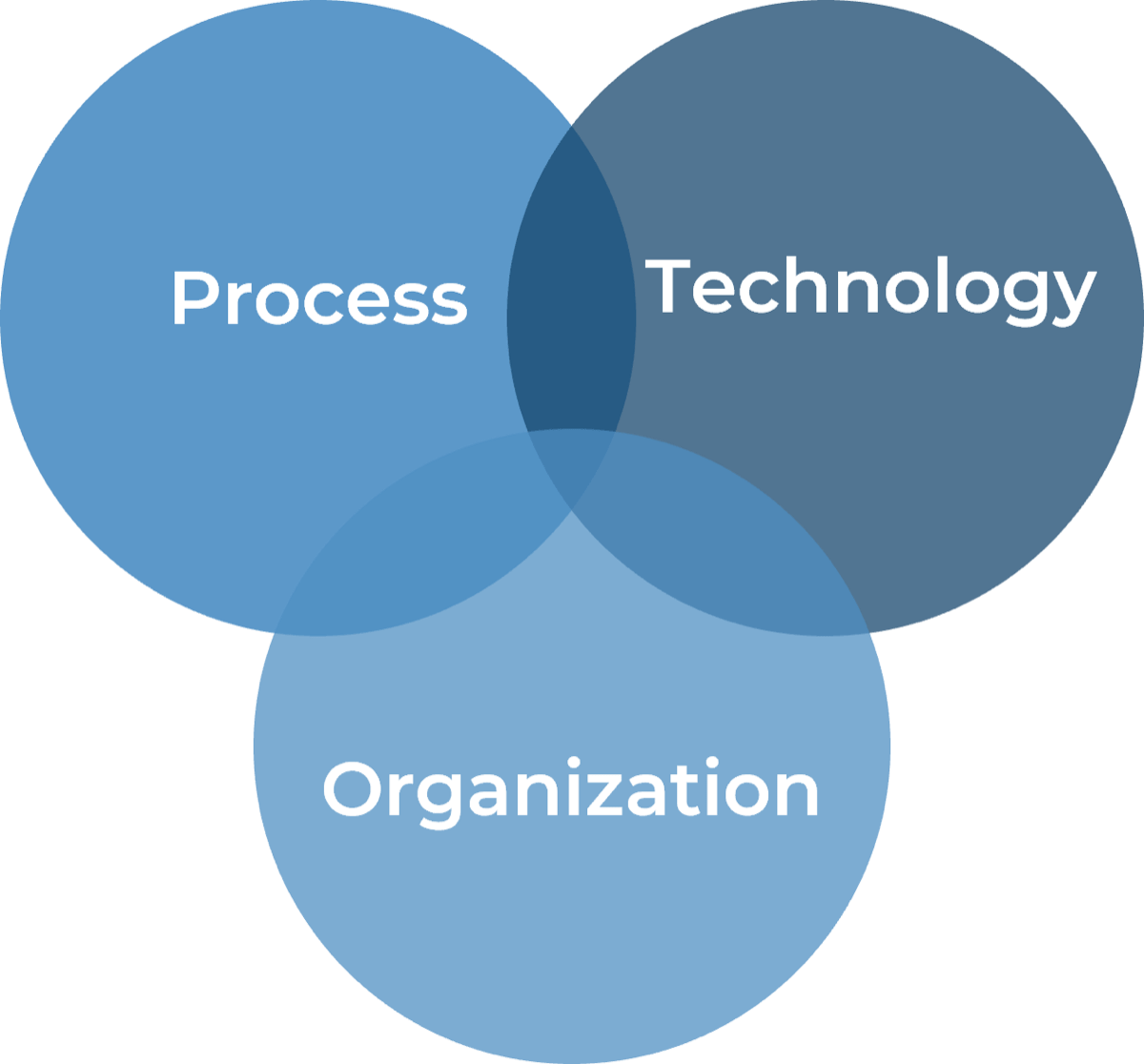 The image contains a Venn Diagram with 3 circles. The circles are labelled as: Process, Technology, and Organization.