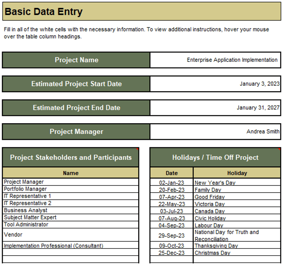 Example project information form: Project name, estimated start date, estimated end date, project manager, stakeholders, and time off of project.
