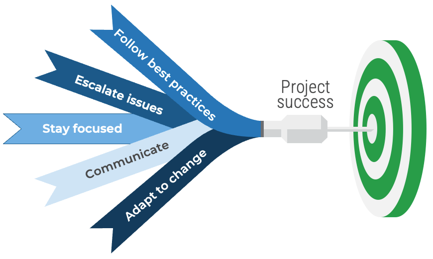 Project Success: Follow best practices, escalate issues, stay focused, communicate, adapt to change.