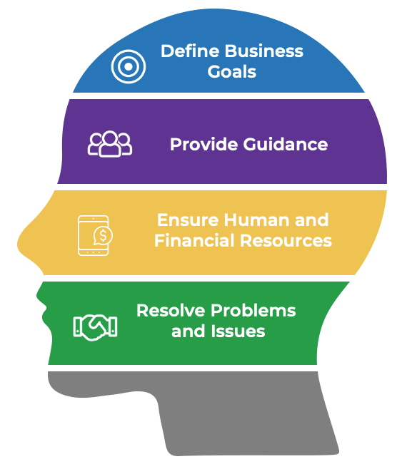 Portrait of head with multiple layers representing the responsibilities of a sponsor. From top down: Define business goals, provide guidance, ensure human ad financial resources, resolve problems and issues.