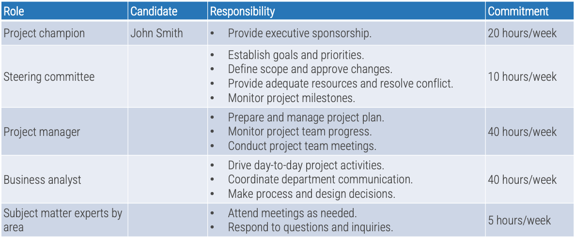 Team list: Role of each team member, candidate, responsibilities, and their commitment in hours per week.