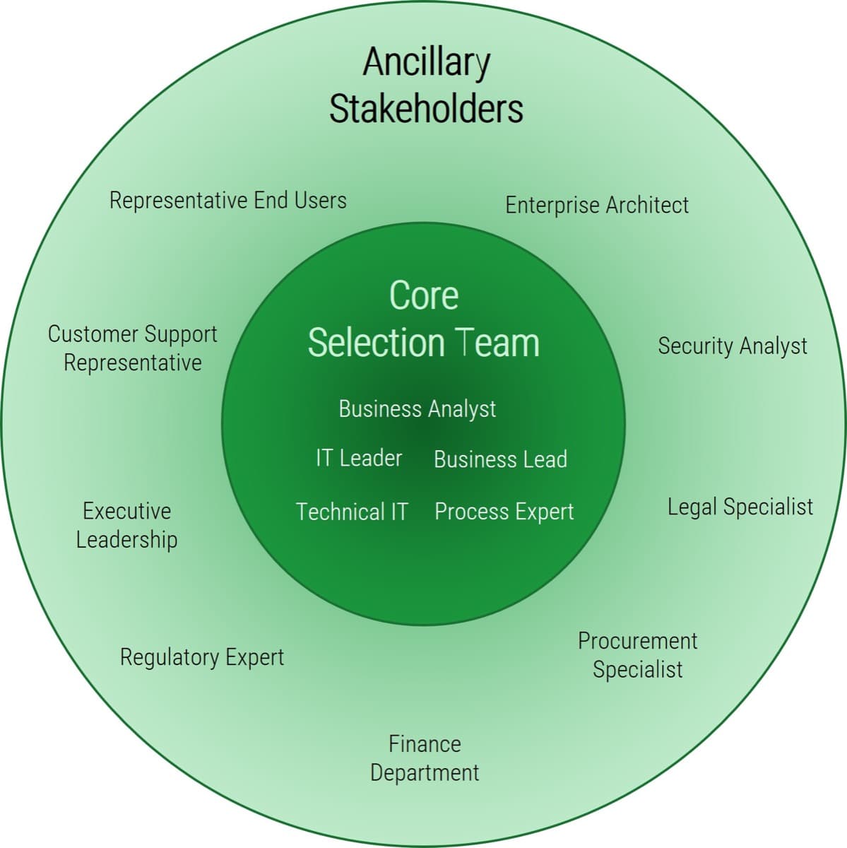 The image contains an outer circle that lists Ancillary Stakeholders, and an inner selection team that lists core selection teams.