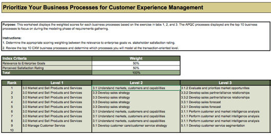 The image shows a screenshot of the Prioritize Your Business Processes for Customer Experience Management document, with sample information filled in.