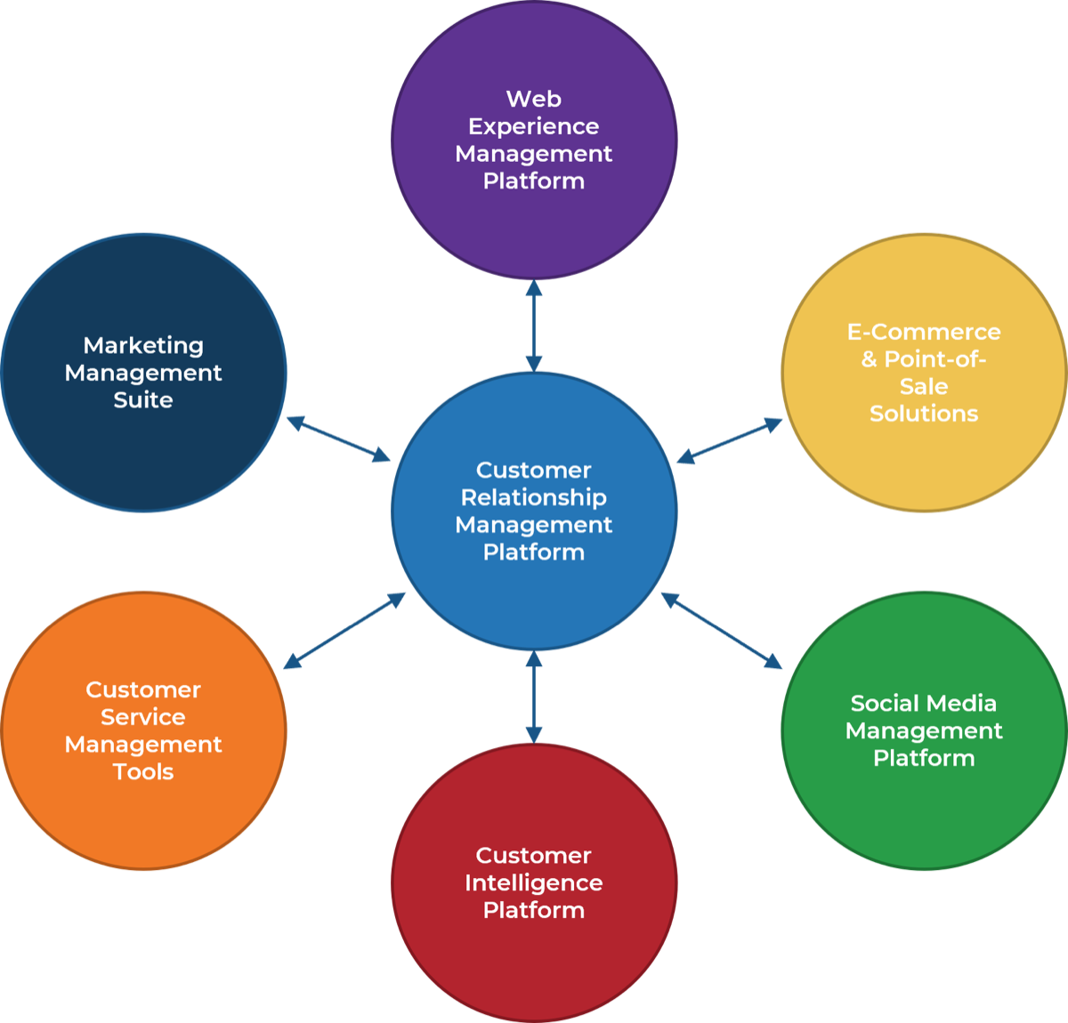 At the center is 'Customer Relationship Management Platform' surrounded by 'Web Experience Management Platform', 'E-Commerce & Point-of-Sale Solutions', 'Social Media Management Platform', 'Customer Intelligence Platform', 'Customer Service Management Tools', and 'Marketing Management Suite'.
