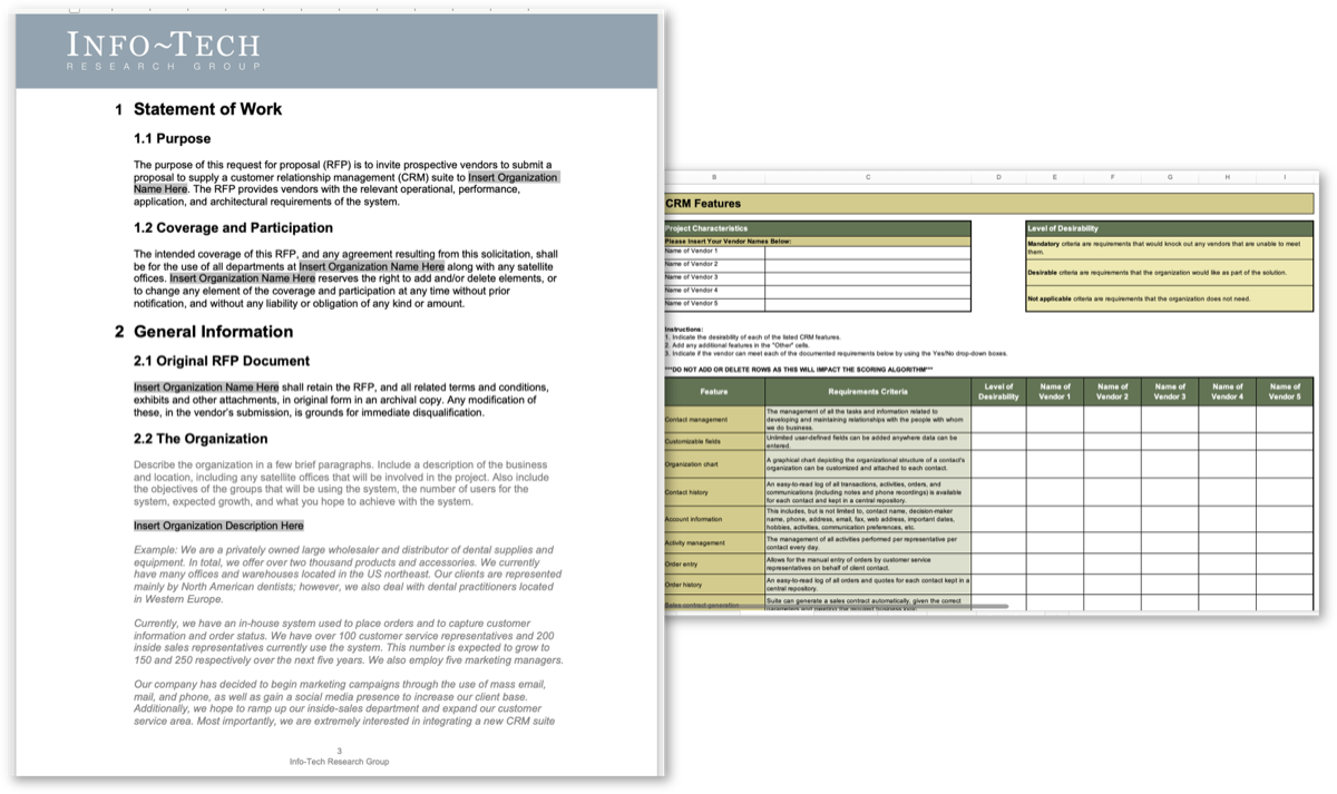 Samples of the CRM Request for Proposal Template and CRM Suite Evaluation and RFP Scoring Tool.