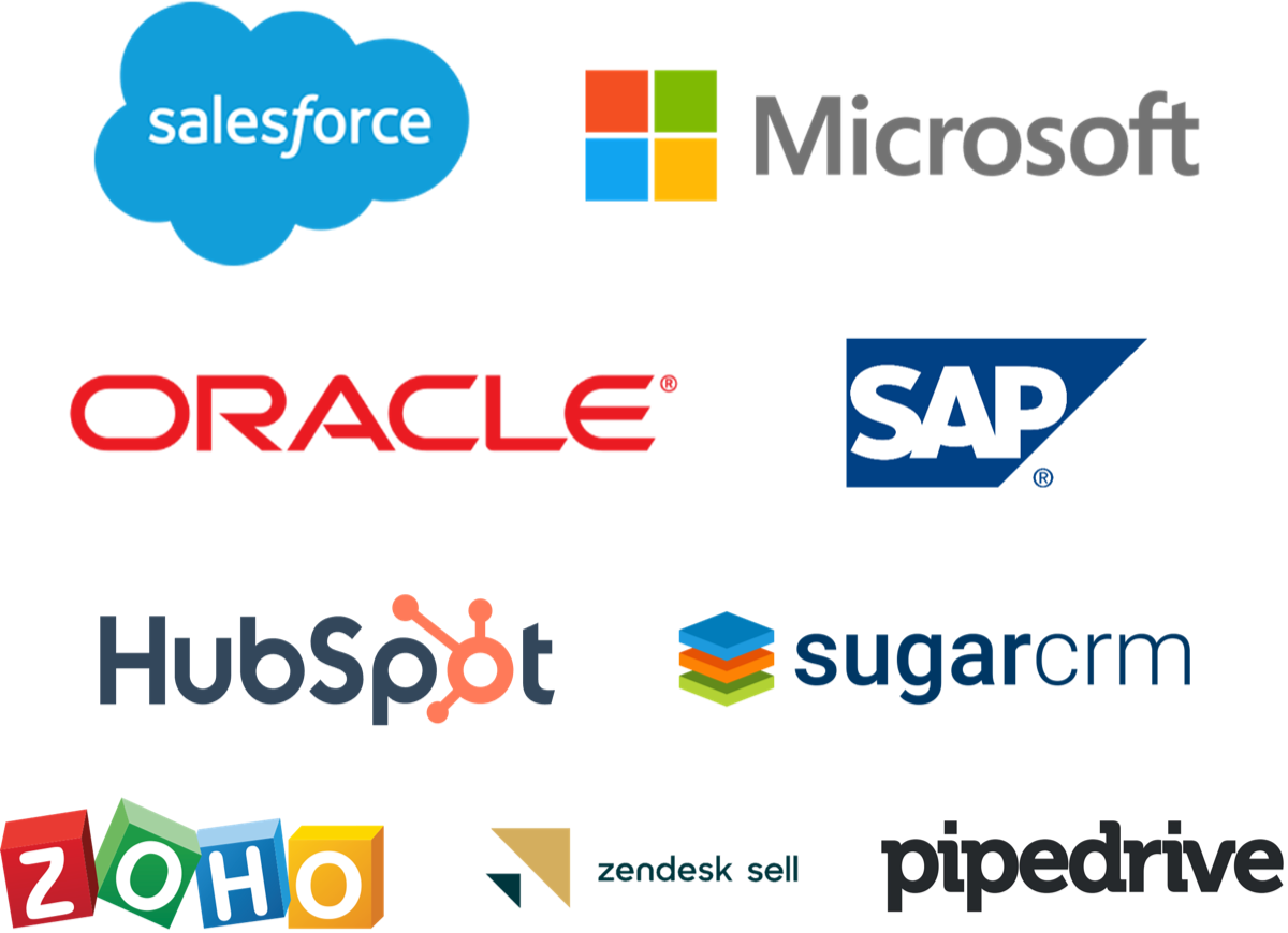 Logos of the key players in the CRM landscape (Salesforce, Microsoft, Oracle, HubSpot, etc).