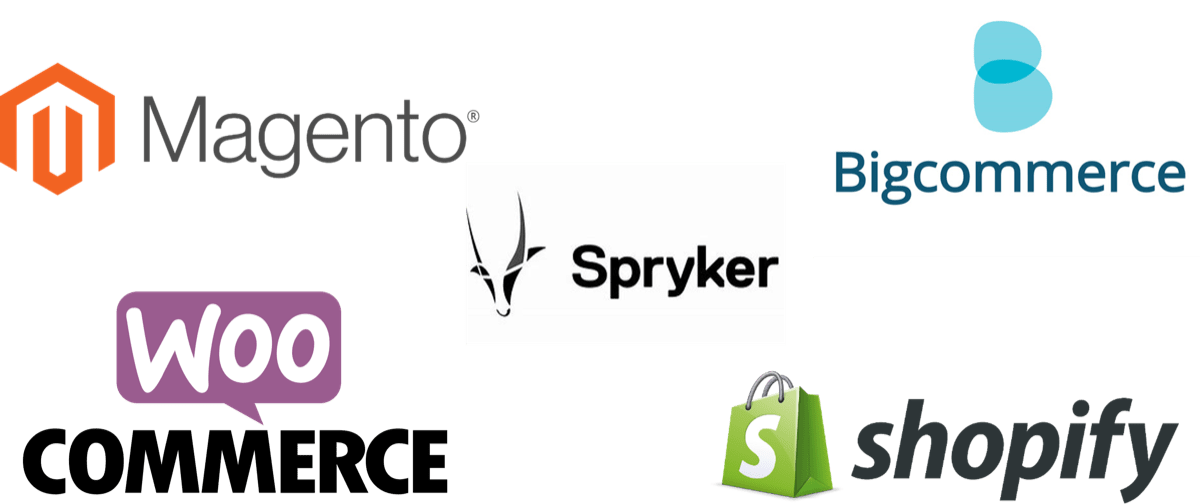 This image contains the logos for the following Companies: Magento; Spryker; Bigcommerce; Woo Commerce; Shopify