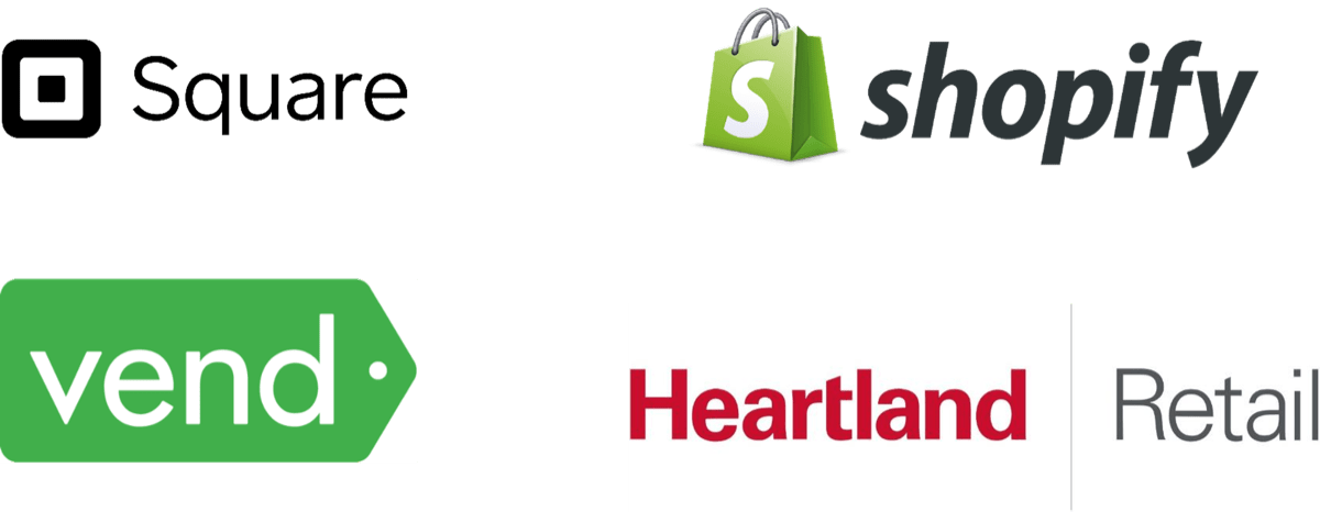 This image contains the following company Logos: Square; Shopify; Vend; Heartland|Retail