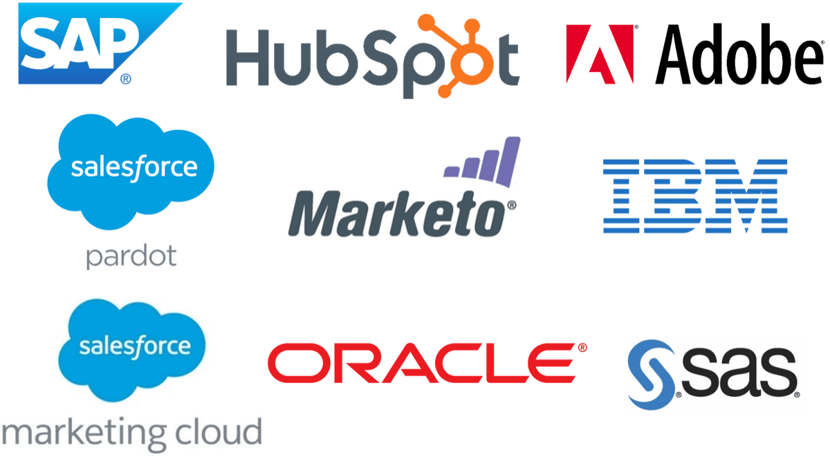 Logos of multiple vendors including 'Hubspot', 'IBM', 'Salesforce marketing cloud', etc.