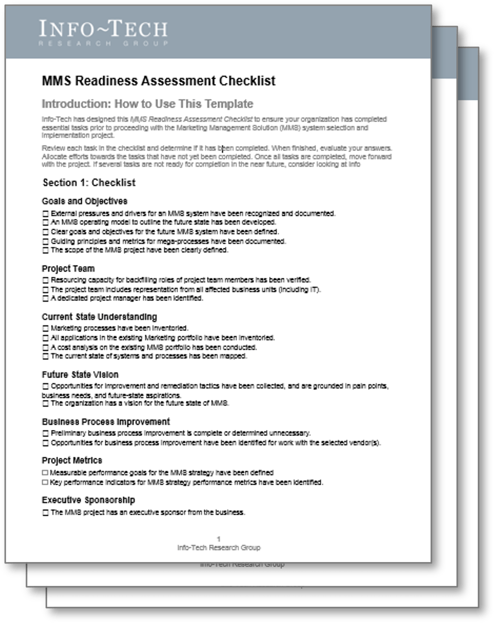 Sample of Info-Tech's MMS Readiness Assessment Checklist.