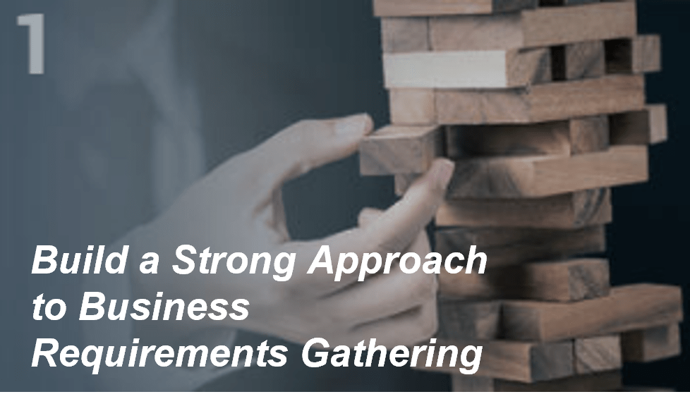 Stock photo of a Jenga tower with title: Build a Strong Approach to Business Requirements Gathering