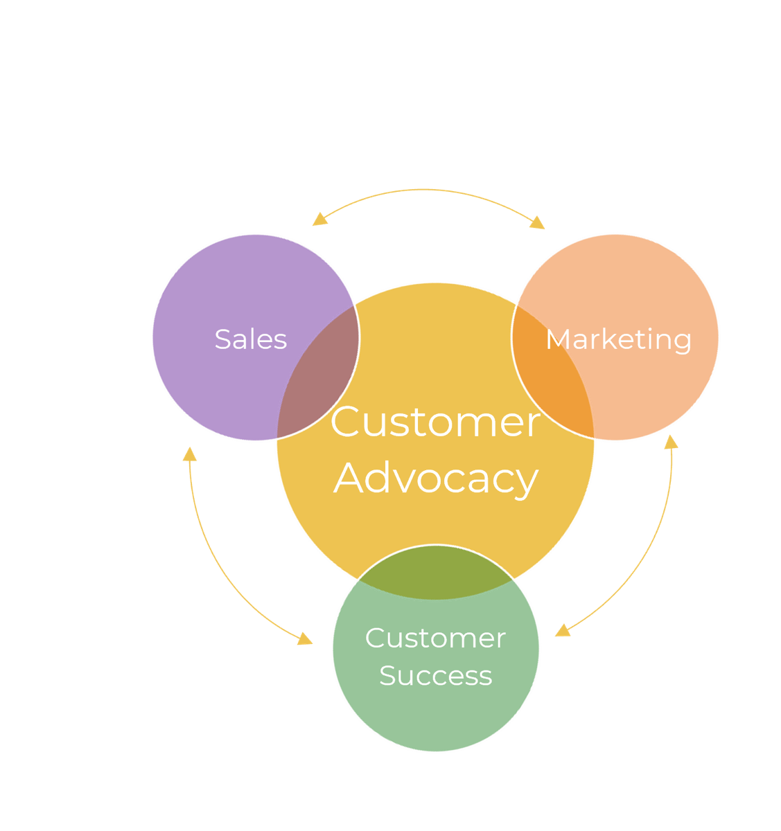 The image contains a picture to demonstrate the cycle of customer advocacy. The image has four circles, with one big circle in the middle and three circles surrounding with arrows pointing in both directions in between them. The middle circle is labelled customer advocacy. The three circles are labelled: sales, customer success, marketing. 