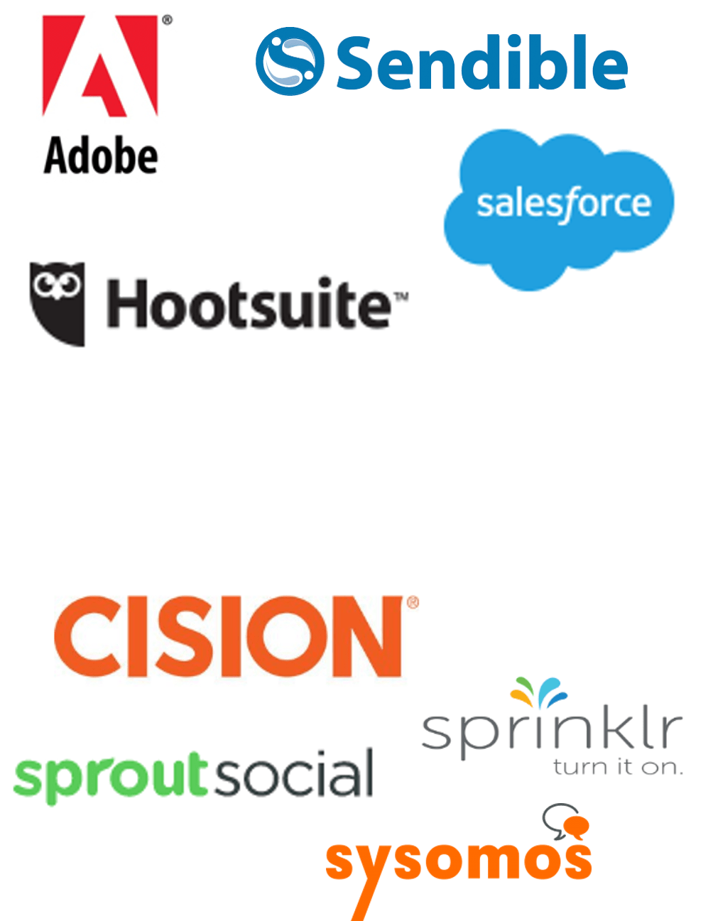 Logos for vendors including Adobe, Hootsuite, CISION, and more.
