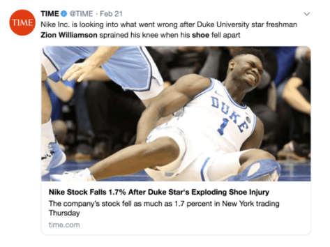 An image of a post by Time about Zion Williamson's injury.
