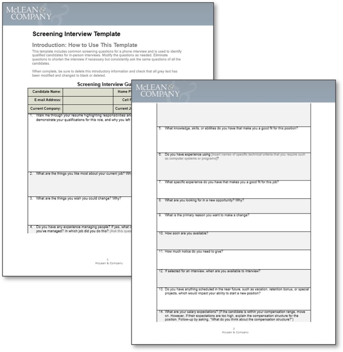 The image contains screenshots of the Screening Interview Template.
