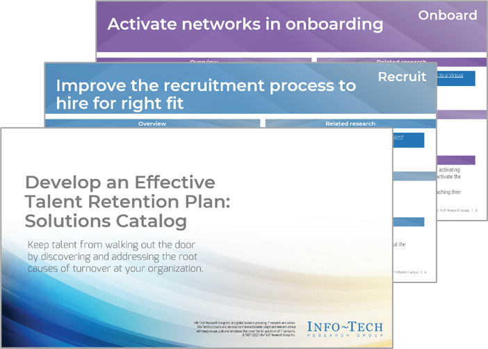 This image contains three screenshots from Info-Tech's Retention Solutions Catalog.