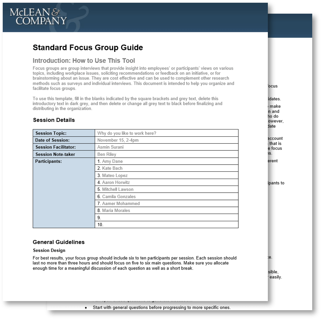 image contains two screenshots Mclean & Company's Standard Focus Group Guide.
