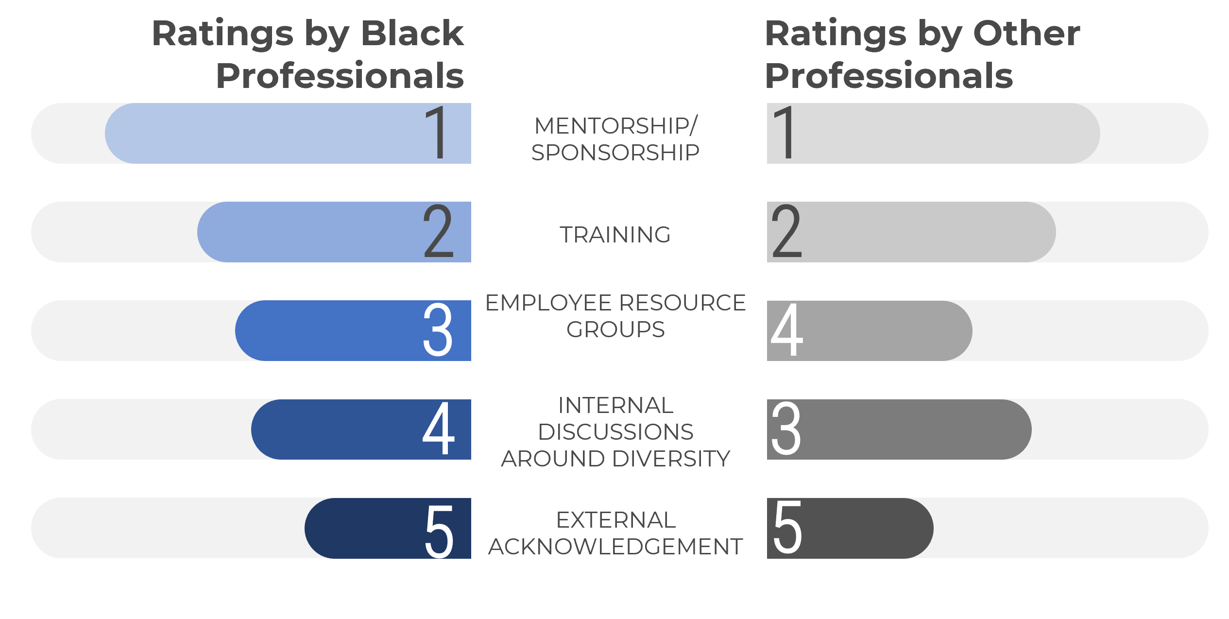 An image showing how respondents rate a number of categories, sorted into Ratings by Black Professionals, and Ratings by Other Professionals