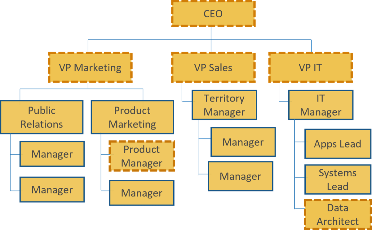 A tree of key roles, starting with CEO and branching down.