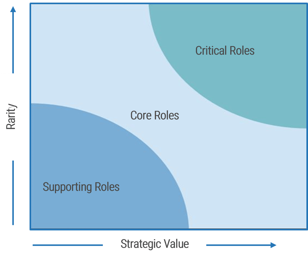 Chart with axes 'Rarity' and 'Strategic Value'. Lowest in both are 'Supporting Roles', Highest in both are 'Critical Roles', and the space in the middle are 'Core Roles'.
