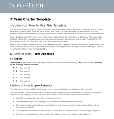 A screenshot of the IT Team Charter Template page