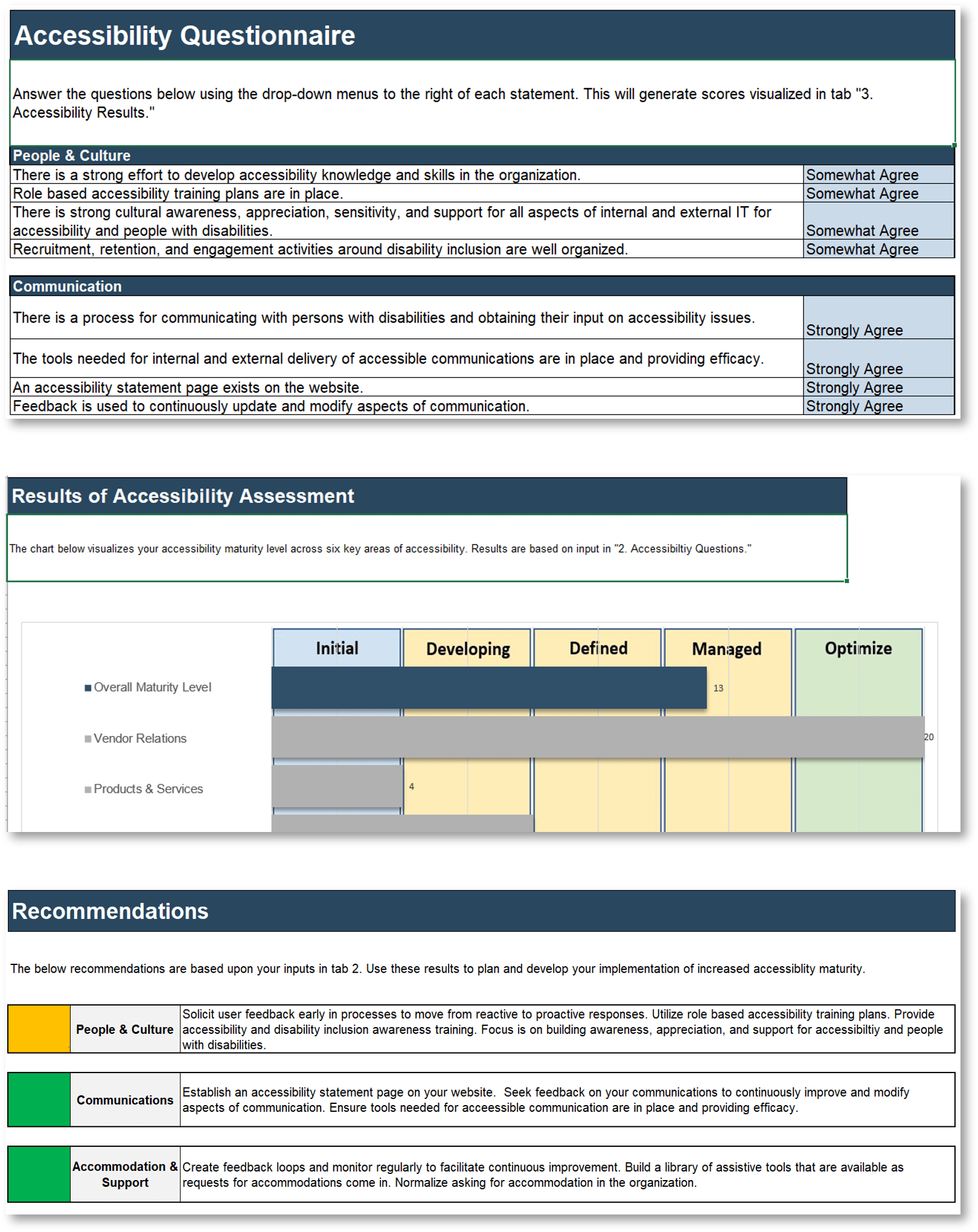 A series of three screenshots from the Accessibility Maturity Assessment 