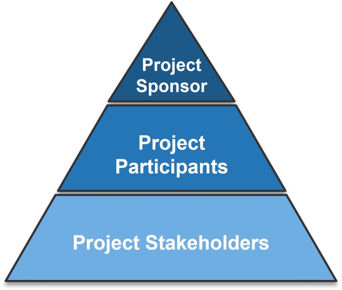 The image contains a triangle that has been split into three parts. The top section is labelled: Project Sponsor, middle section: Project Participants, and the bottom is labelled Project Stakeholders.