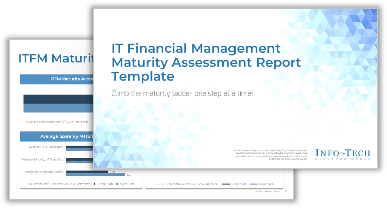 A template of an ITFM maturity assessment report that can be customized based on your own results.