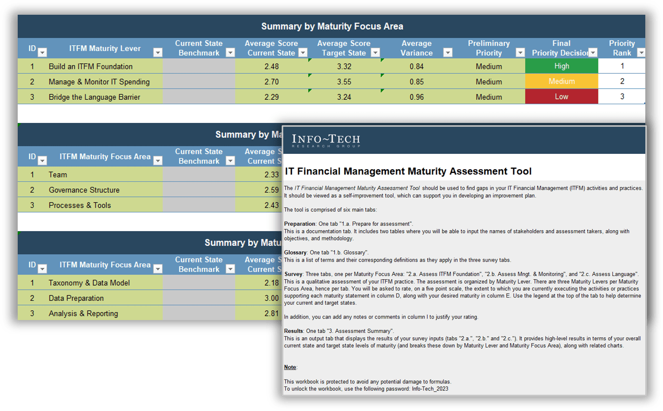 A workbook including an ITFM maturity survey, generating a summary of your current state, target state, and priorities.