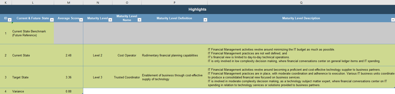 Example table from the ITFM Maturity Assessment Tool re: Assessment Summary worksheet.