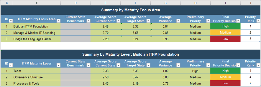 Example table from the ITFM Maturity Assessment Tool re: Assessment Summary worksheet.