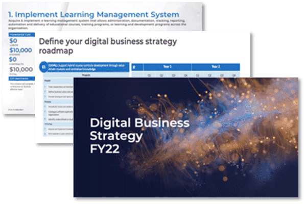 three images are depicted, which contain slides from the Digital Business Strategy presentation template, which will be available in 2022.