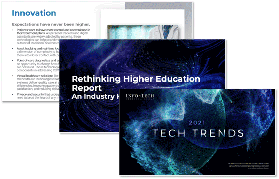 this image contains three screenshots from Rethinking Higher Education Report and 2021 Tech Trends Report