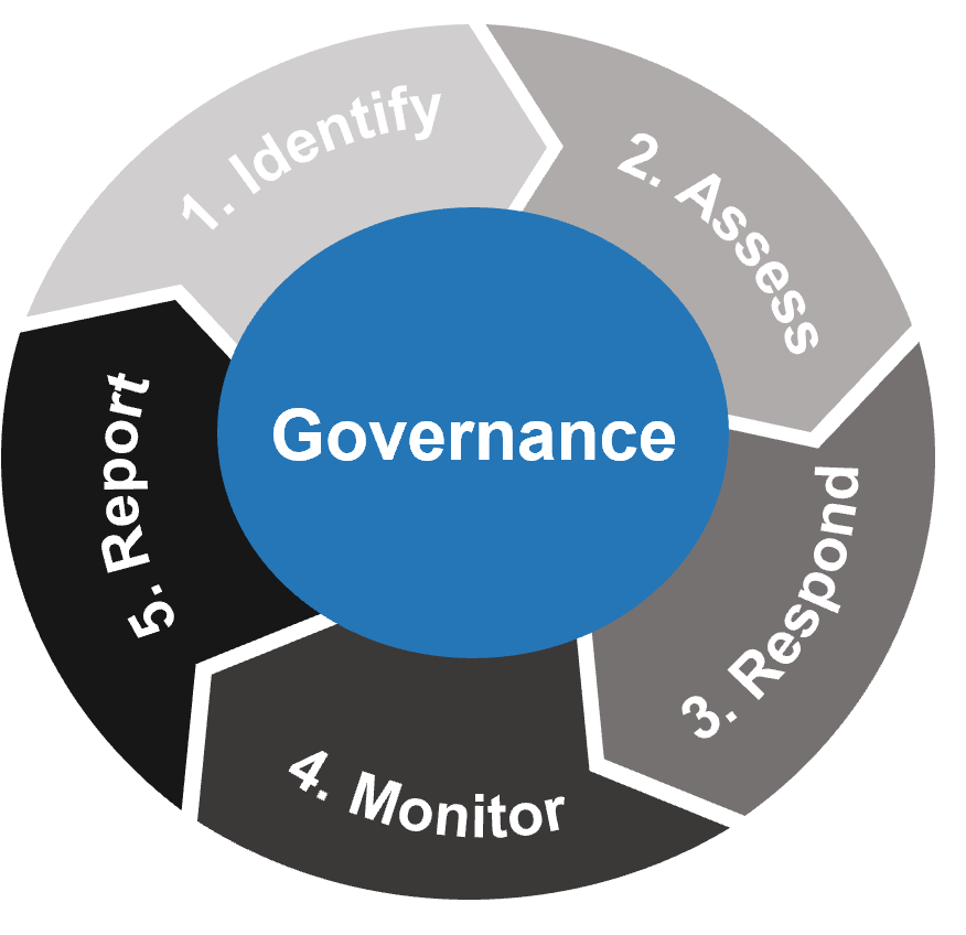 Cycle of 'Goverance' beginning with '1. Identify', '2. Assess', '3. Respond', '4. Monitor', '5. Report'.