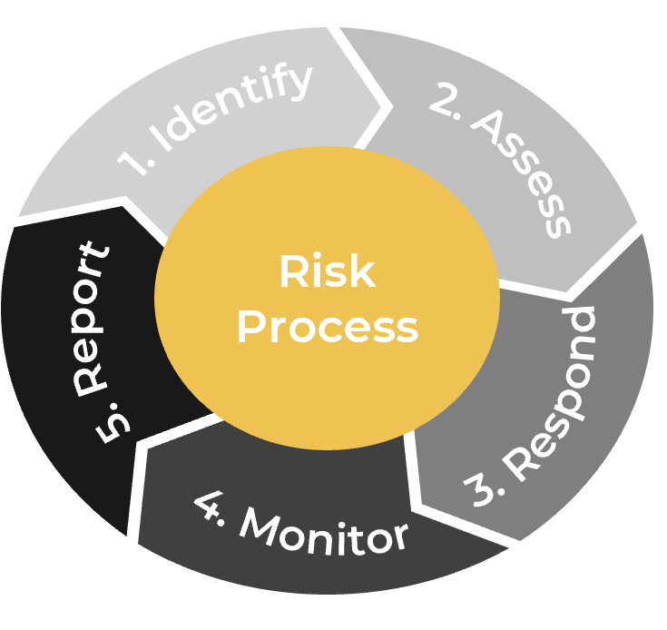 The 'Risk Process' cycle starting with '1. Identify', '2. Assess', '3. Respond', '4. Monitor', '5. Report', and back to the beginning.