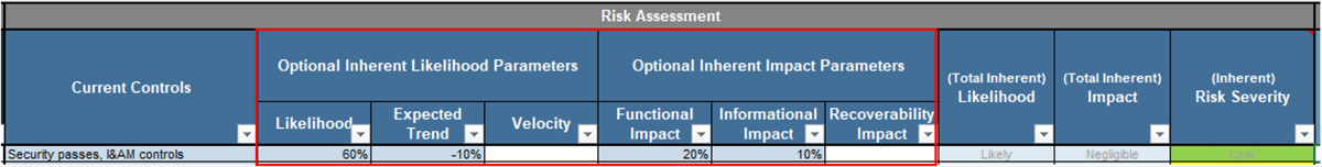 Screenshot of the column headings on the risk severity level assessment with 'Optional Inherent Likelihood Parameters' and 'Optional Inherent Impact Parameters' highlighted.