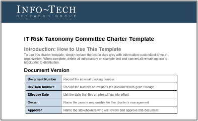 The image contains a screenshot of the IT risk taxonomy committee charter template.