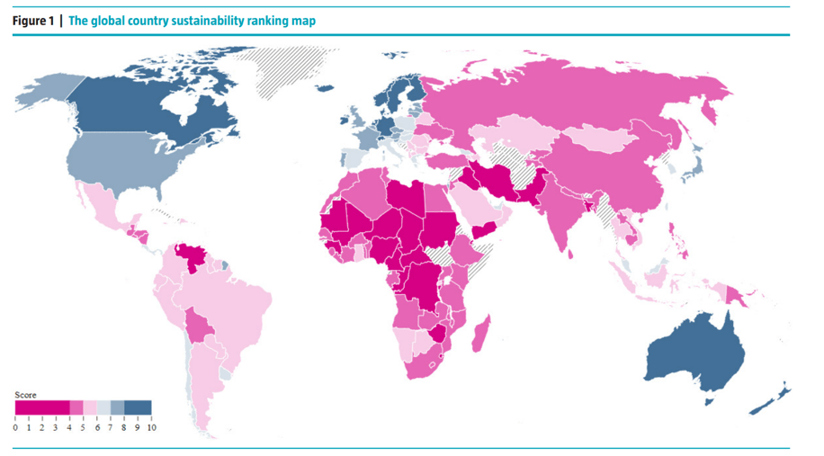 An image of Global Country Sustainability Ranking Map, with a score of 0 to 10.
